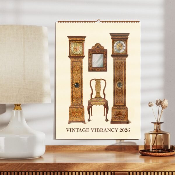 2026 vintage decor calendar with clocks and chair