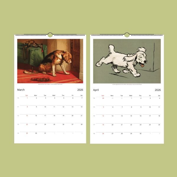 2026 calendar with dog illustrations for March and April.