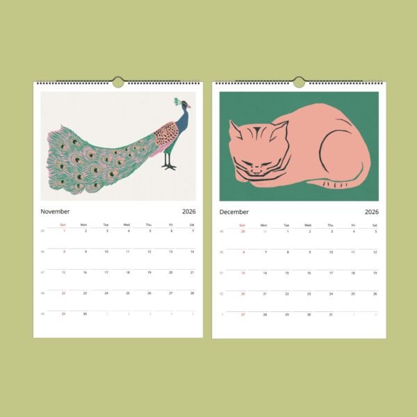 2026 calendar showing peacock and cat illustrations.