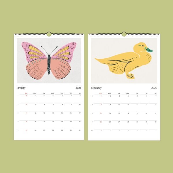 2026 calendar: butterfly January, duck February.