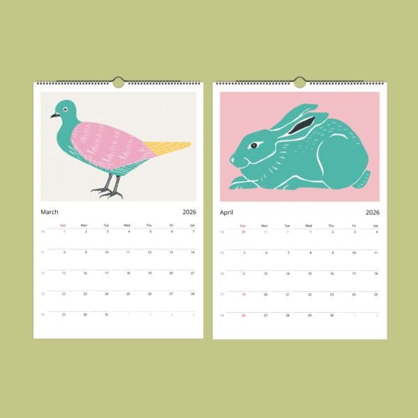 March and April 2026 calendar with bird, rabbit illustrations.