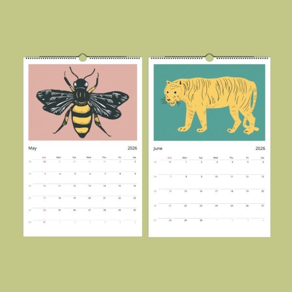 2026 calendar: May bee, June tiger illustrations