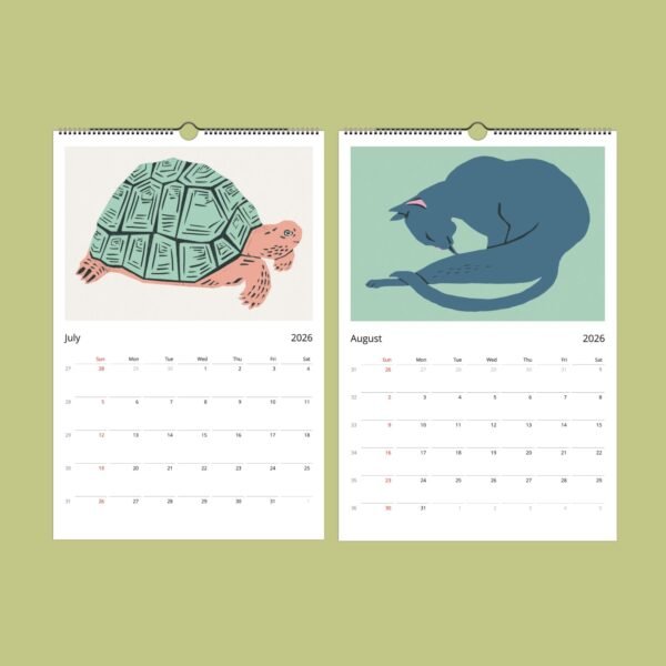 2026 calendar with turtle and cat illustrations.