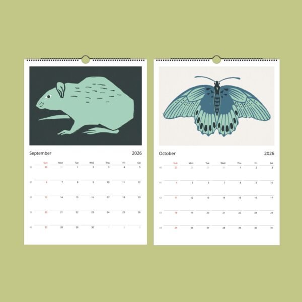 2026 calendar featuring rat and butterfly illustrations.