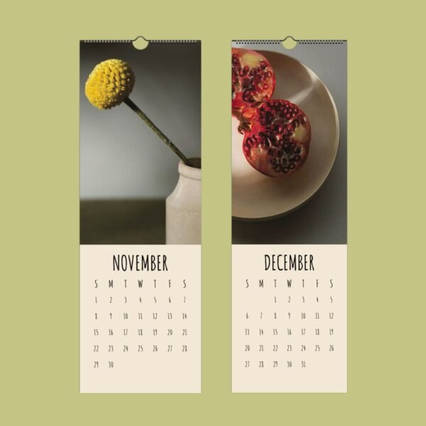 November December calendar with flower, fruit images