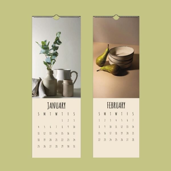 Calendar with still life photos for January, February.
