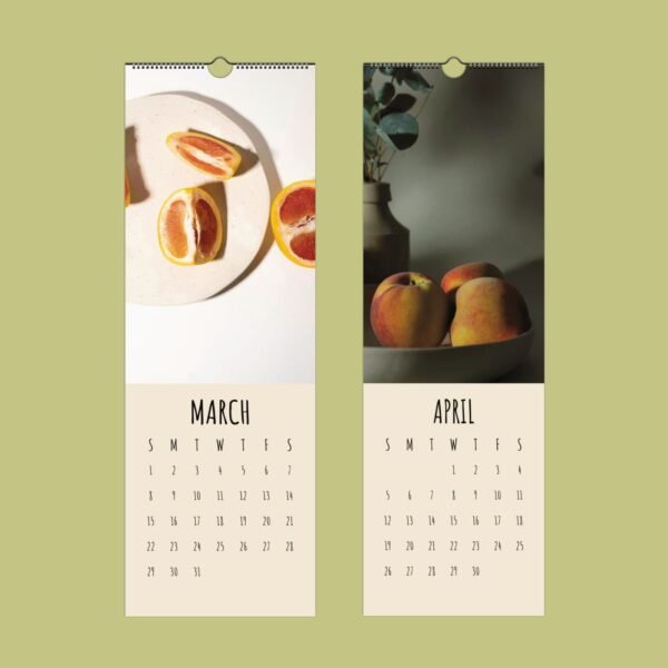 March grapefruit and April peaches calendar pages.