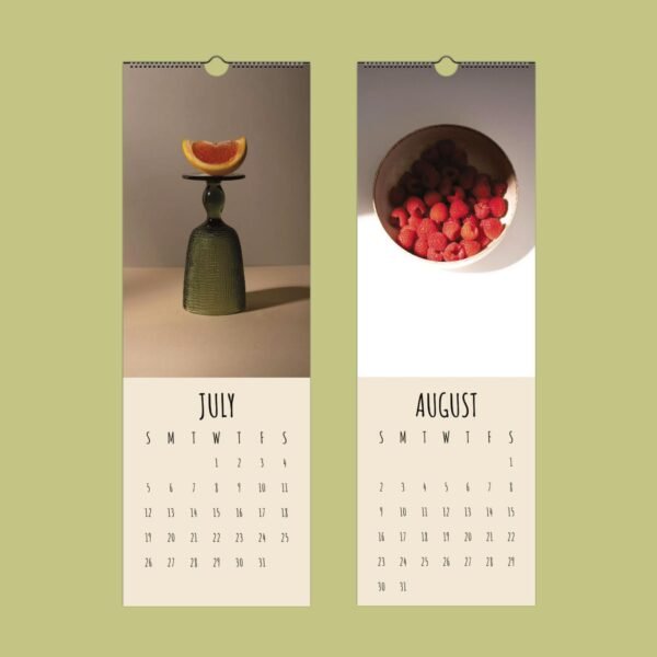 July August calendar with fruit-themed images.
