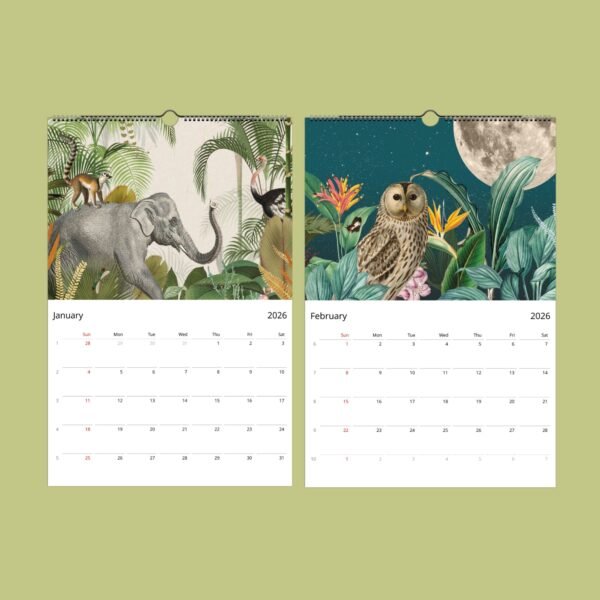 2026 calendar with elephant and owl illustrations.