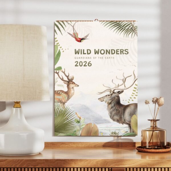 2026 wall calendar with wildlife theme on wooden table.
