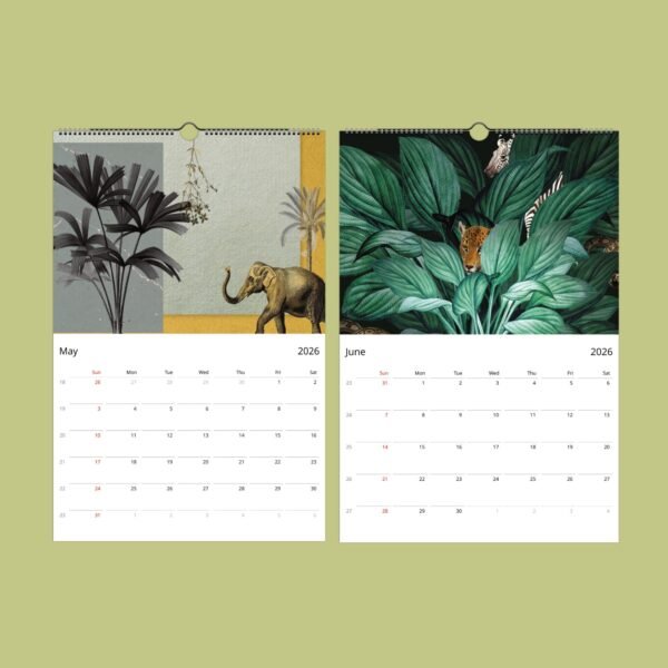 2026 calendar with nature illustrations, May and June.