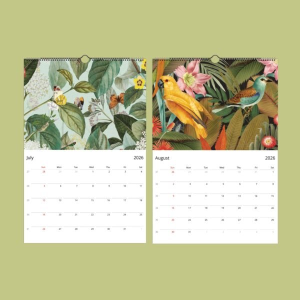 2026 calendar pages with tropical bird designs.