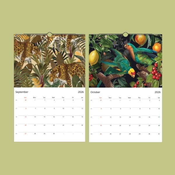 2026 calendar pages with colorful wildlife illustrations.