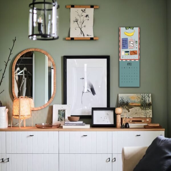 Modern room with art and decorations on wall.
