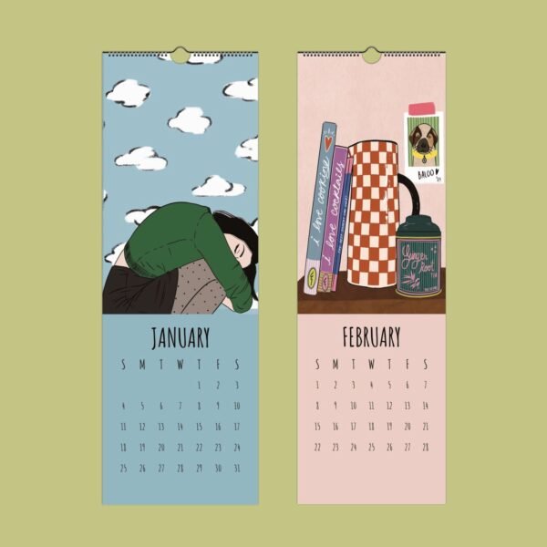 Illustrated calendar pages for January and February.