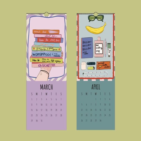 March April illustrated calendar with books and items.