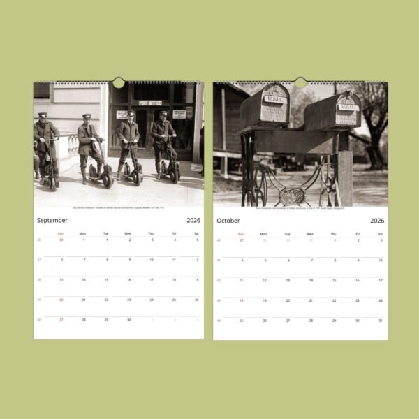 Vintage 2026 calendar with old postal service photos.