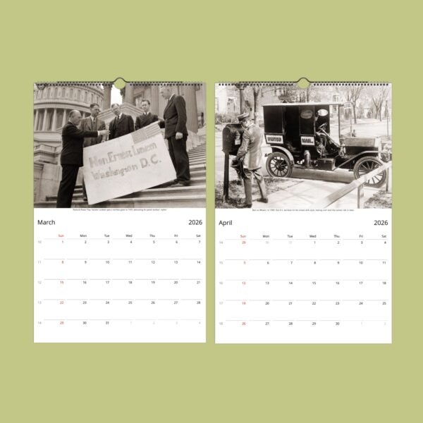 Vintage postal service images on 2026 calendar.