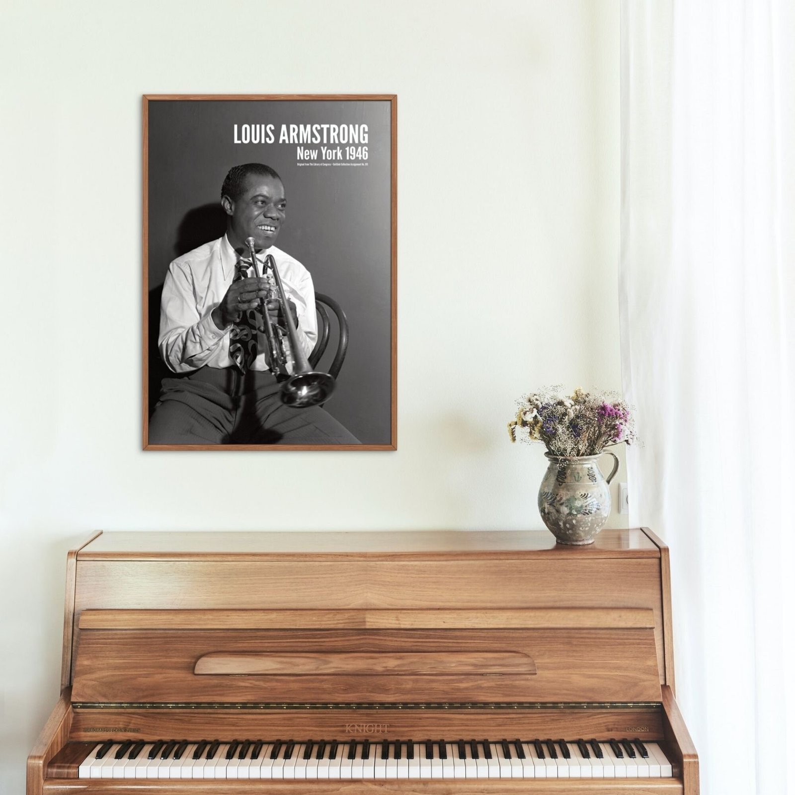 Vintage jazz poster with trumpet player, piano below.