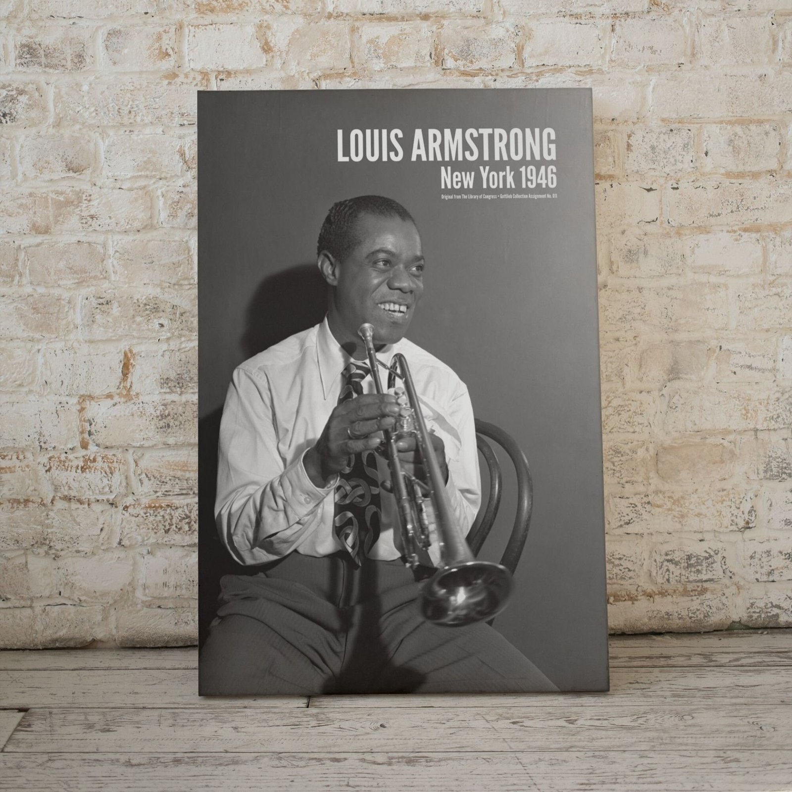 Vintage musician portrait with trumpet on canvas.