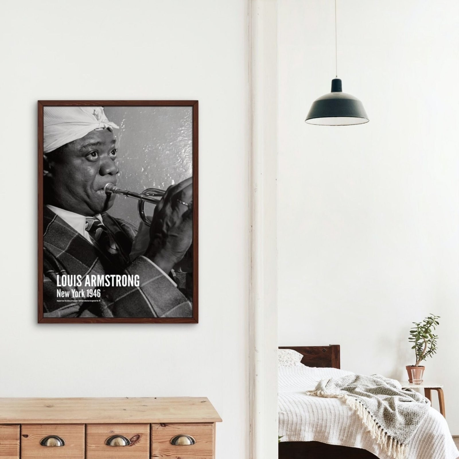 Louis Armstrong photo in modern bedroom decor.