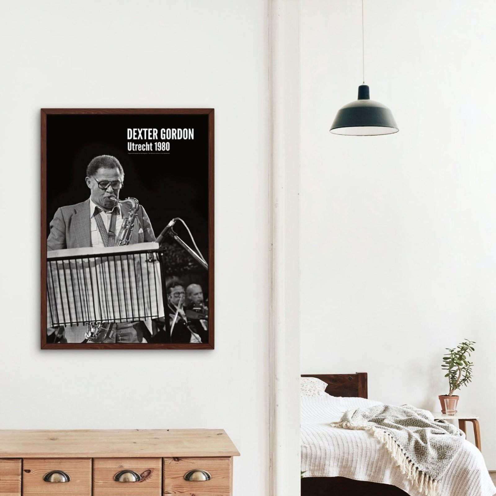 Jazz musician poster in minimalist room.