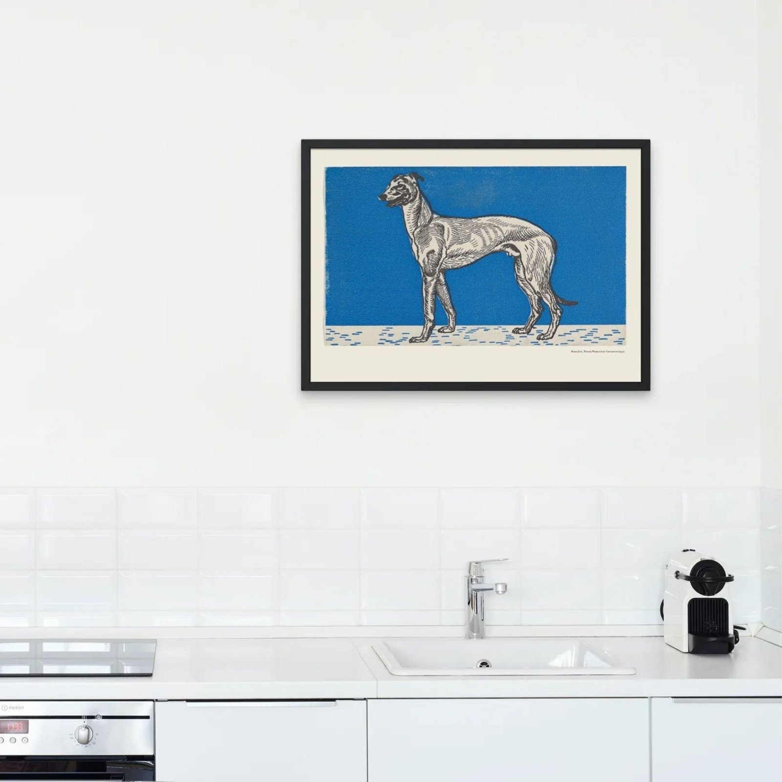 Kitchen with framed dog art on wall