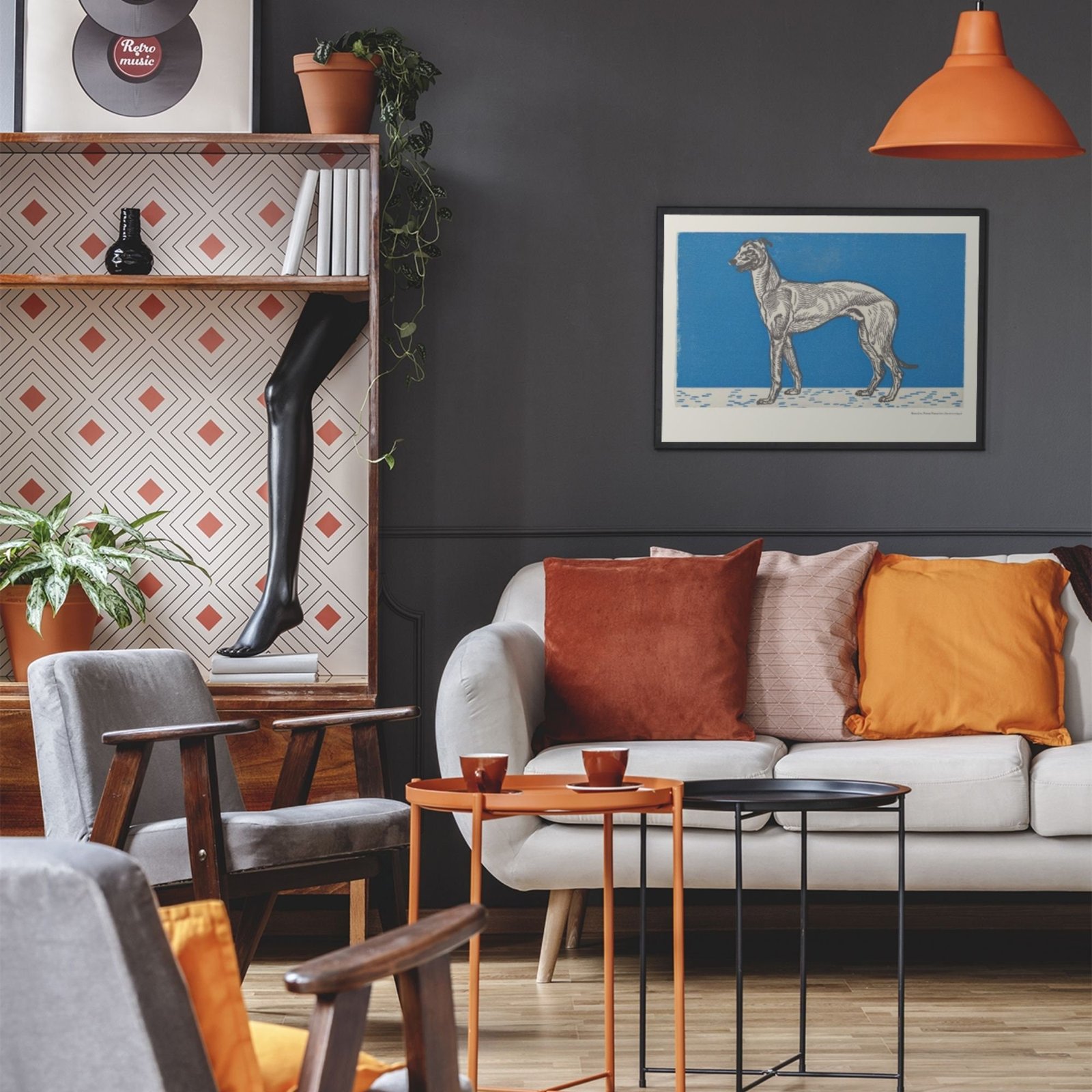 Stylish living room with mid-century modern decor.