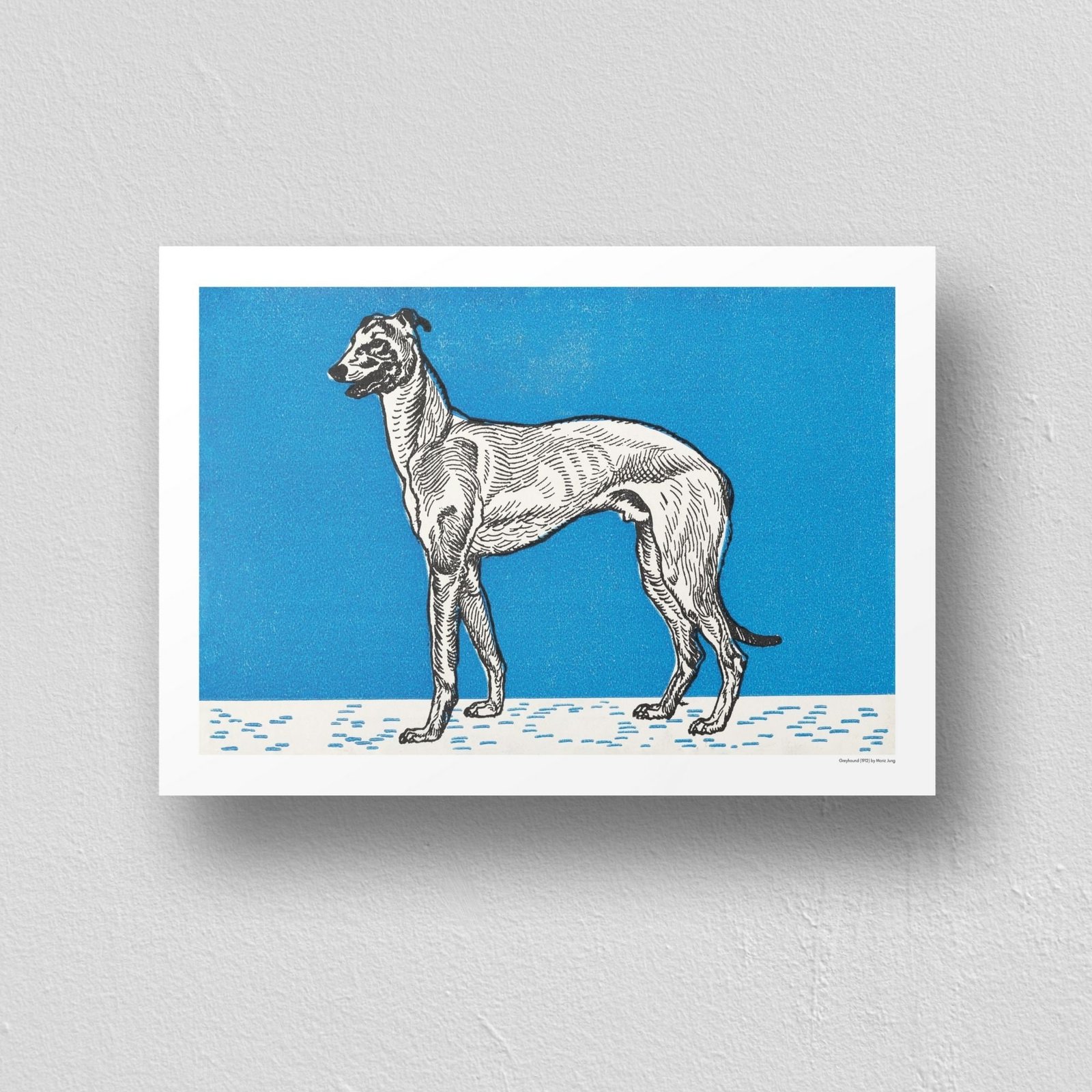 Illustrated greyhound on blue background, art print.