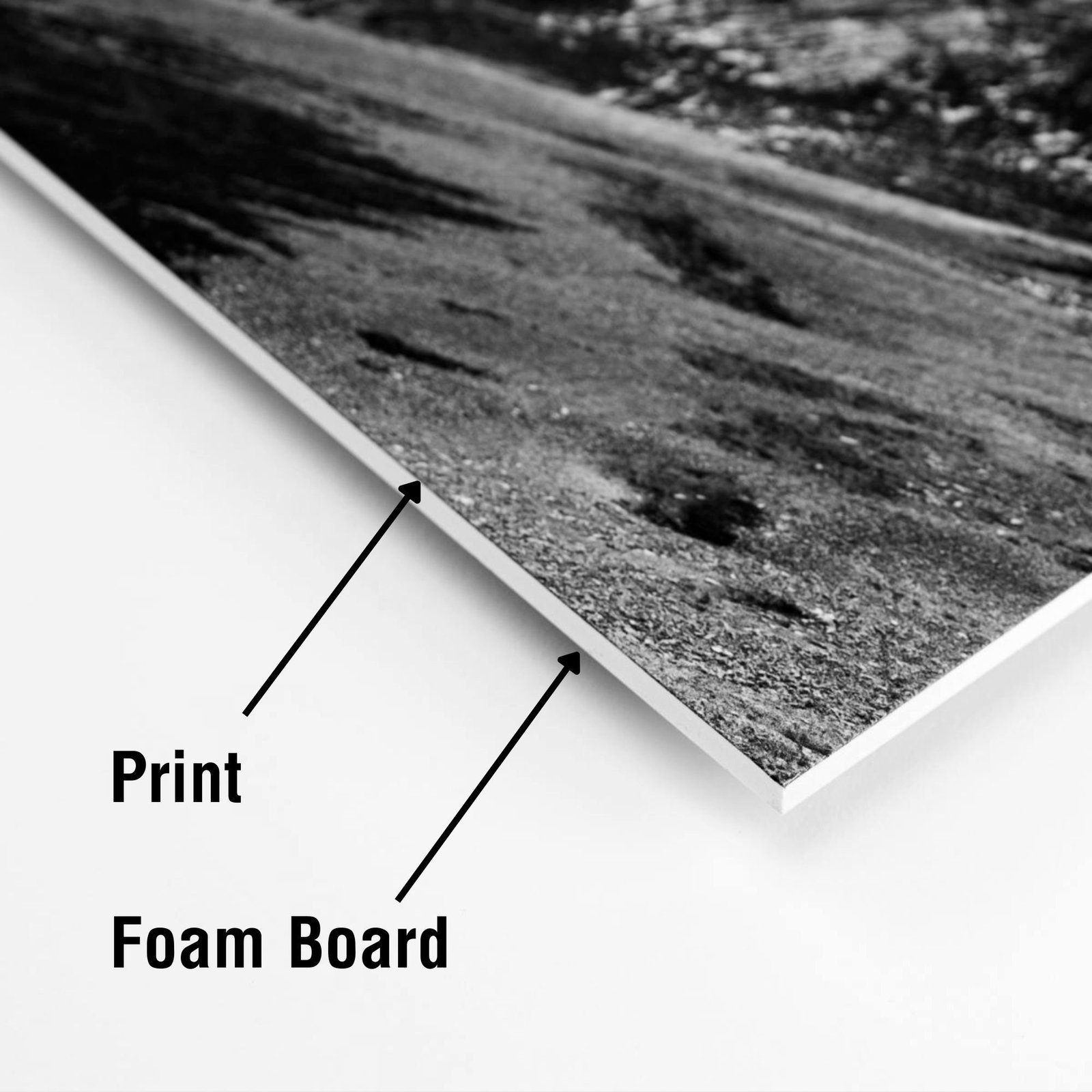 Black and white photo print on foam board