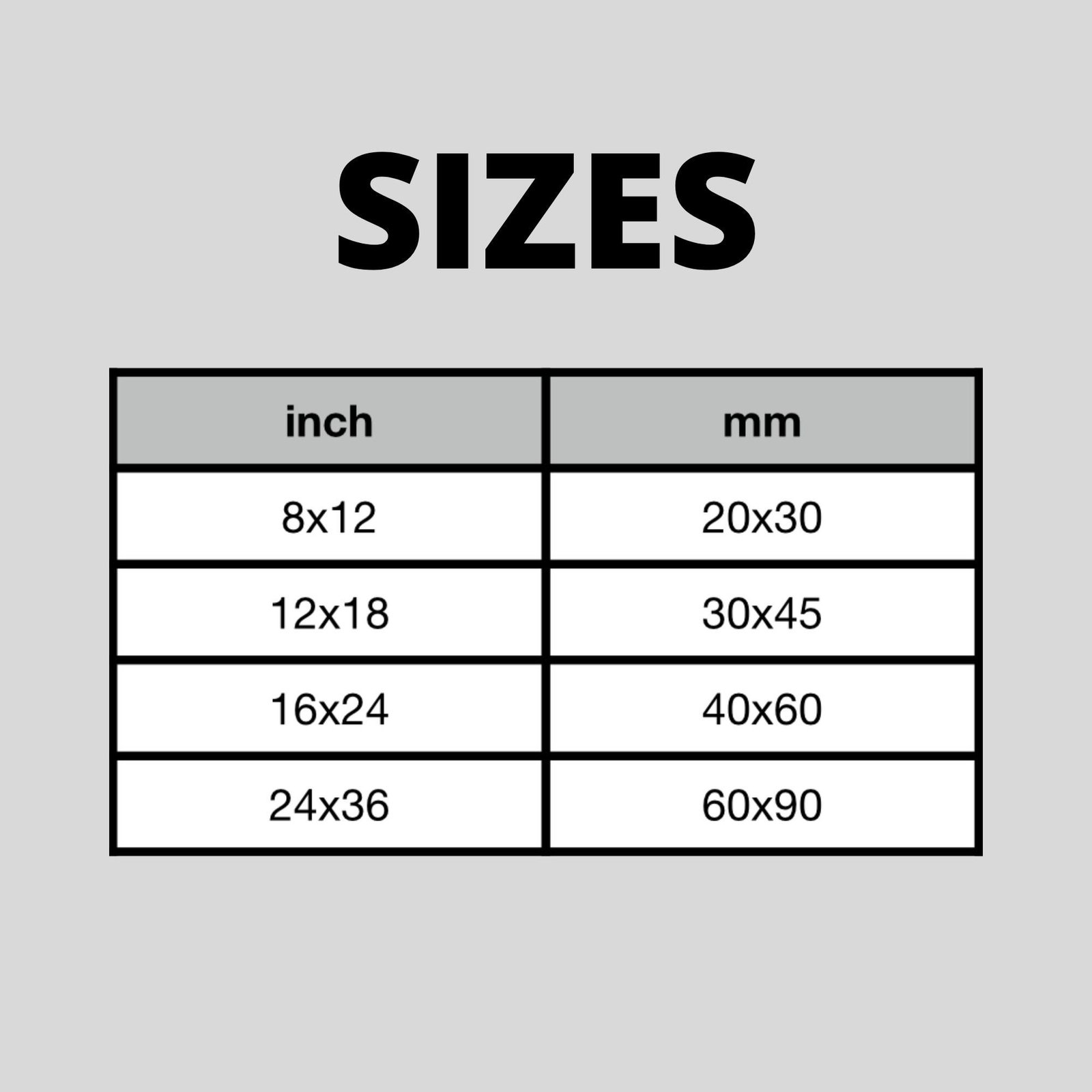Size chart: inches and millimeters conversion.