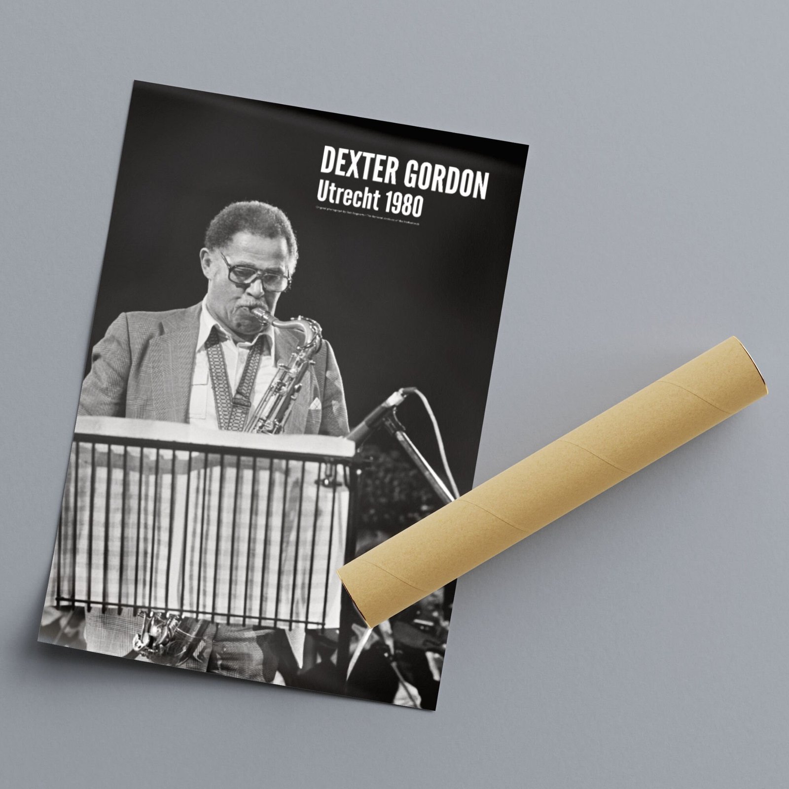 Black and white saxophonist poster from Utrecht 1980.