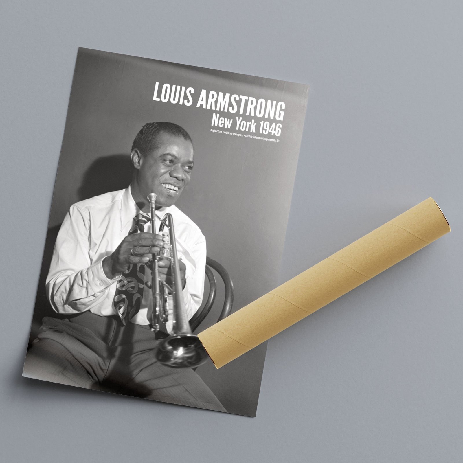 Black and white poster of a trumpeter, 1946.