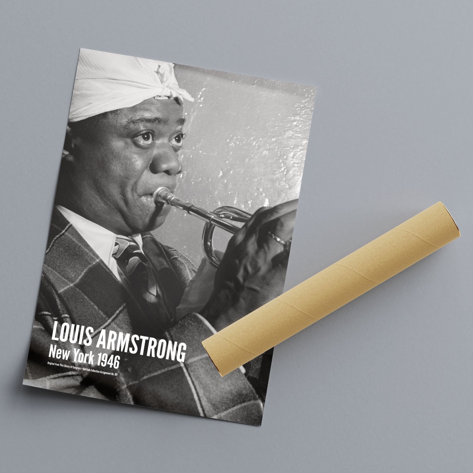 Vintage poster of Louis Armstrong with trumpet, 1946.