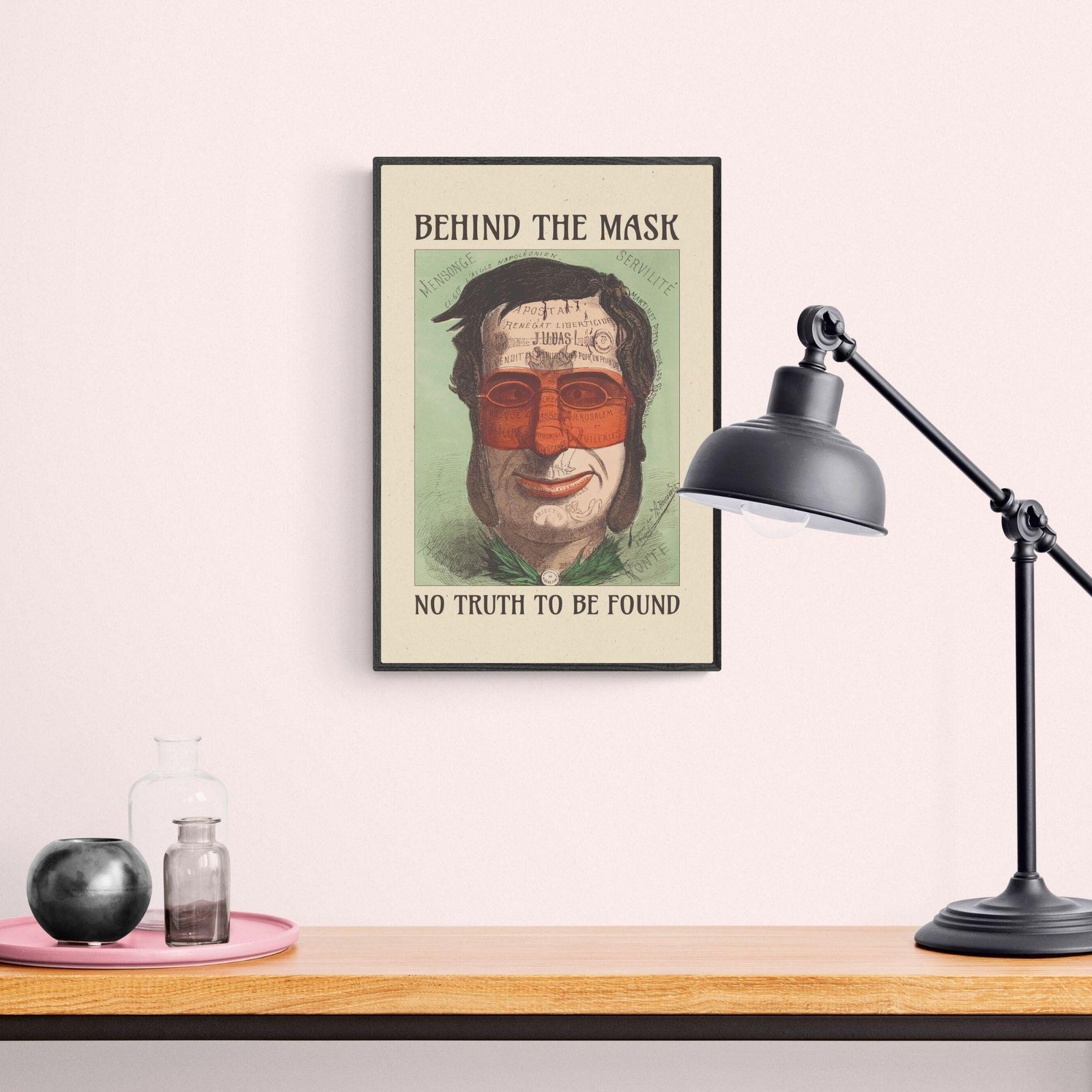 Vintage poster saying 'Behind the Mask' with lamp.