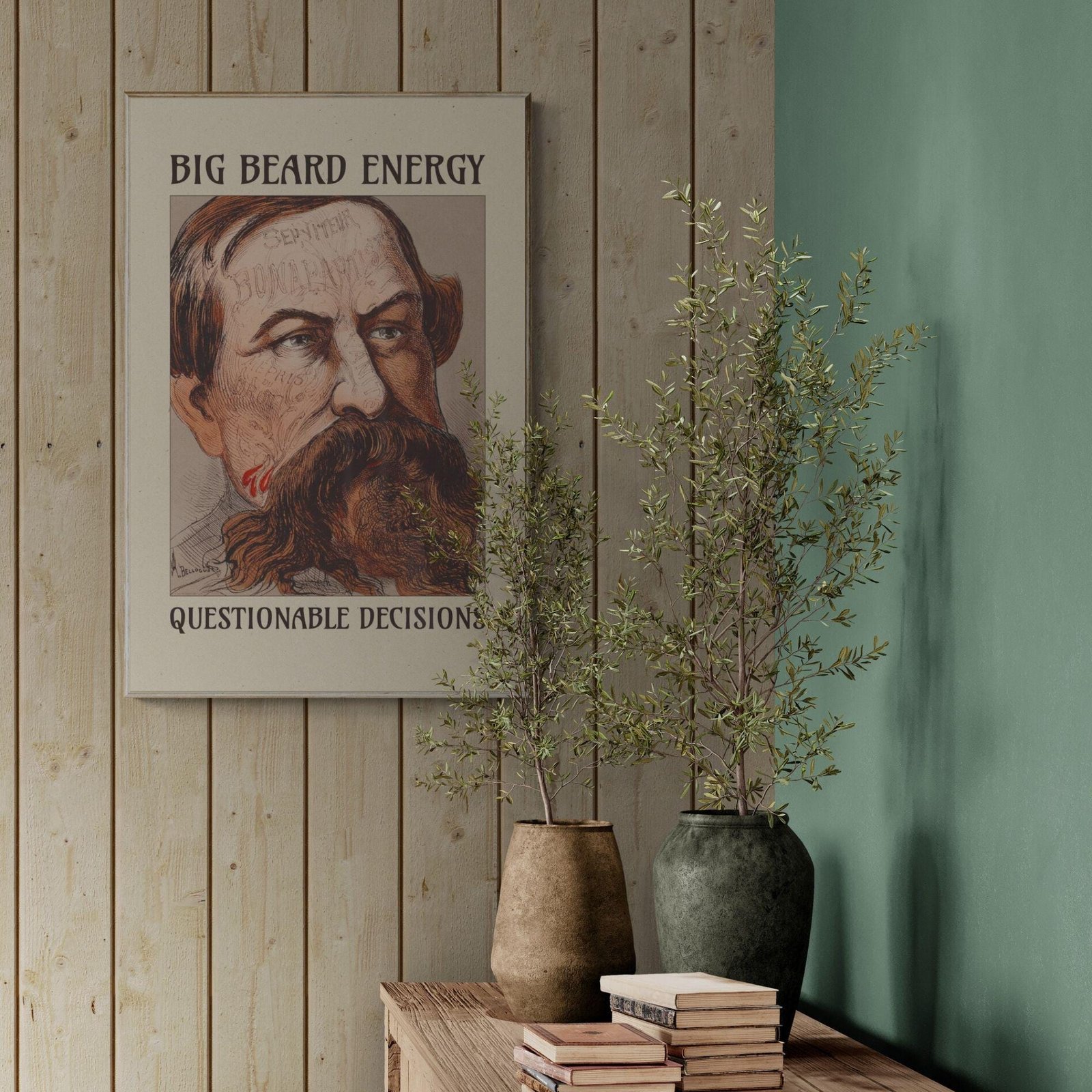 Decorative poster with a bearded man's illustration.