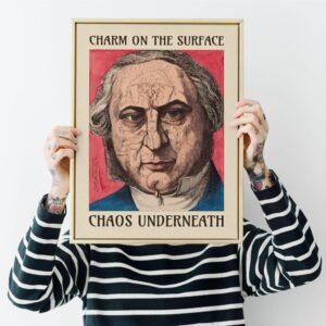 Tattooed person holding surreal artwork poster.