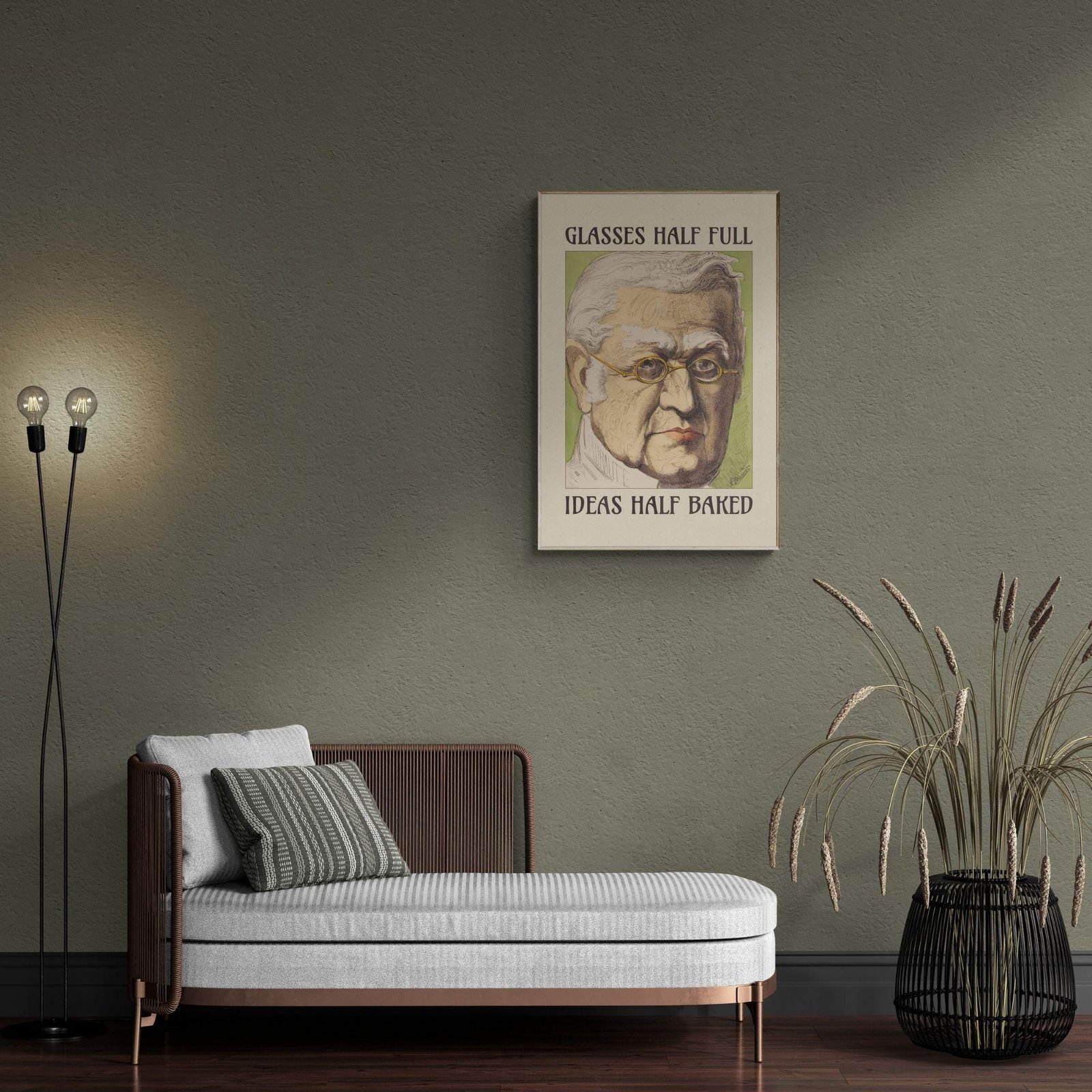 Minimalist room with poster and chaise lounge.