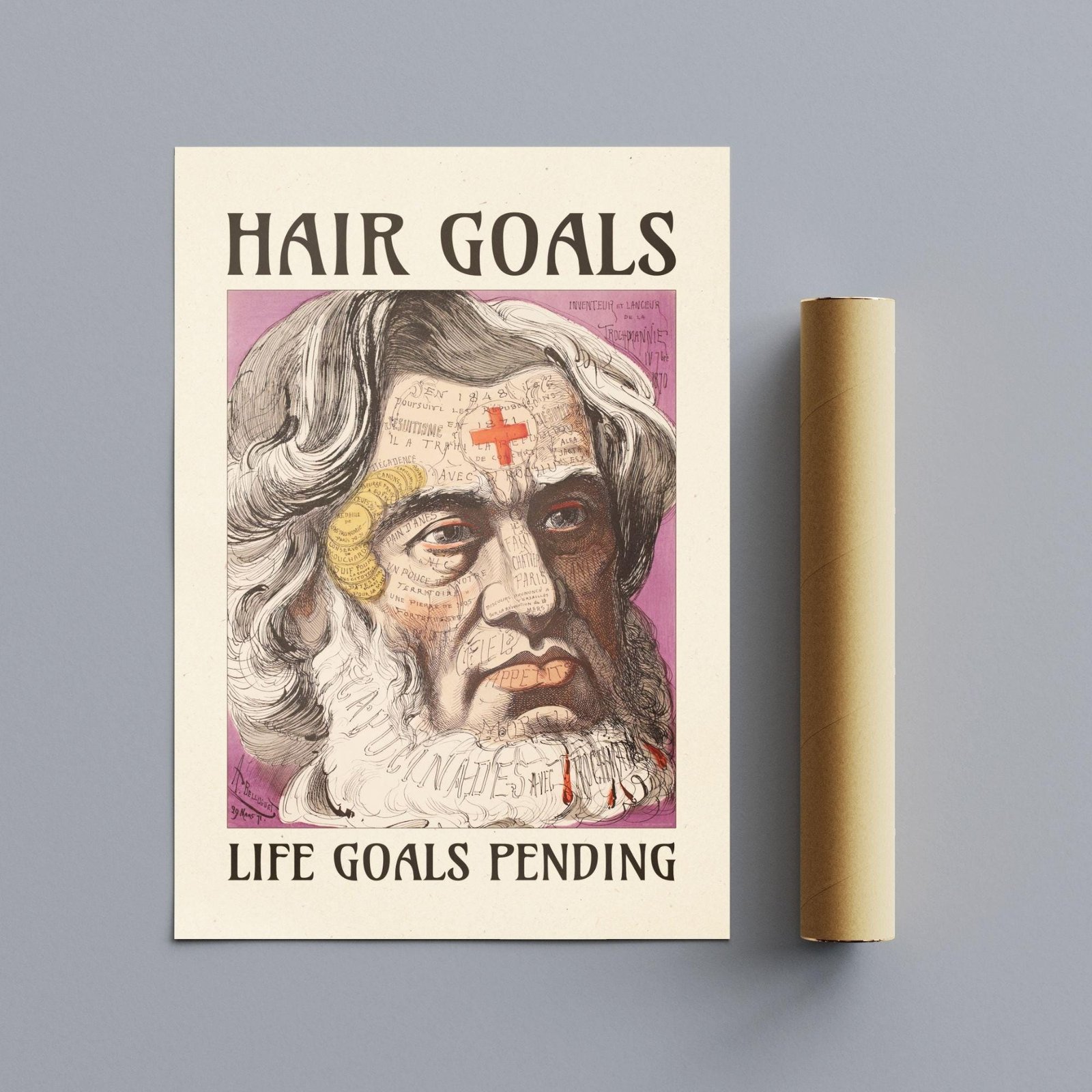 Illustrated poster: Hair goals, life goals pending.