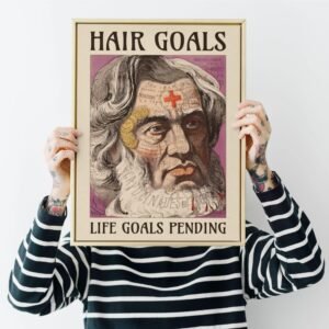 Person holding framed art with humorous text.