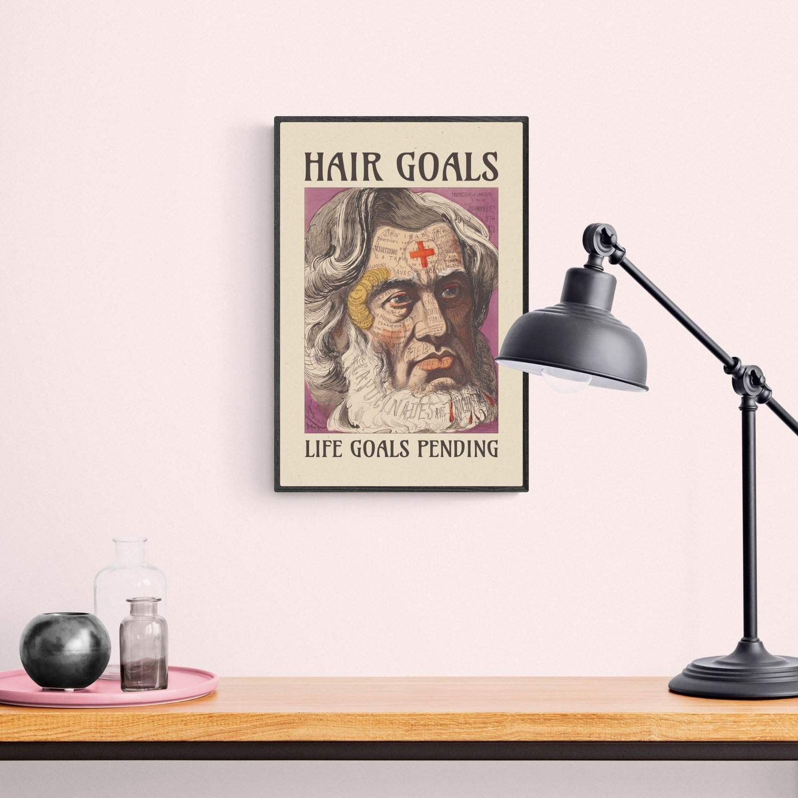 Poster of bearded man with 'Hair Goals' text.