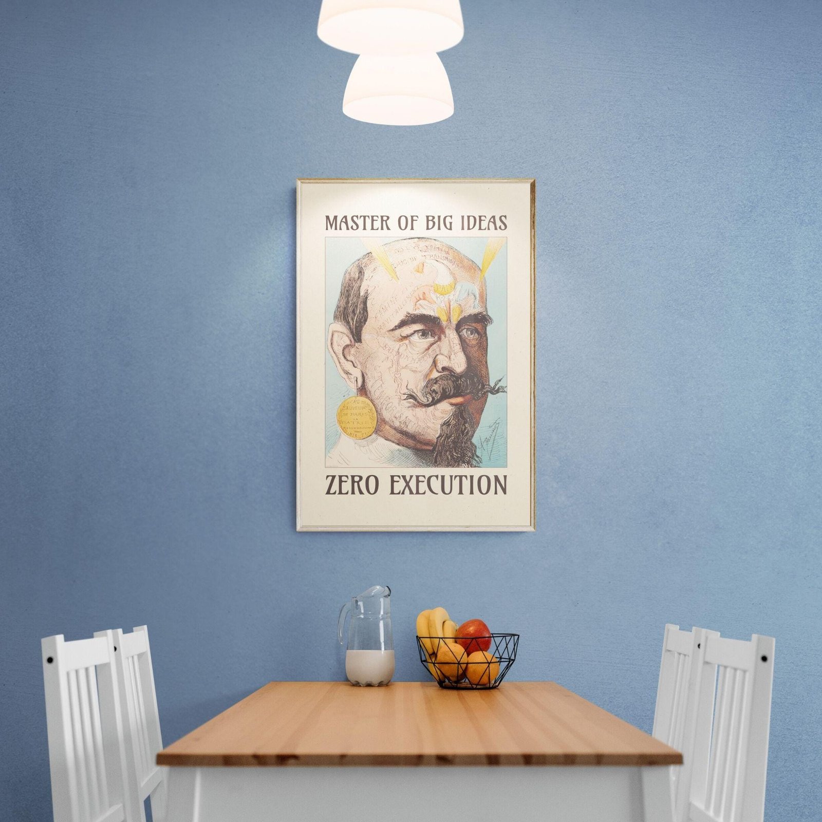 Dining room with motivational poster on wall.