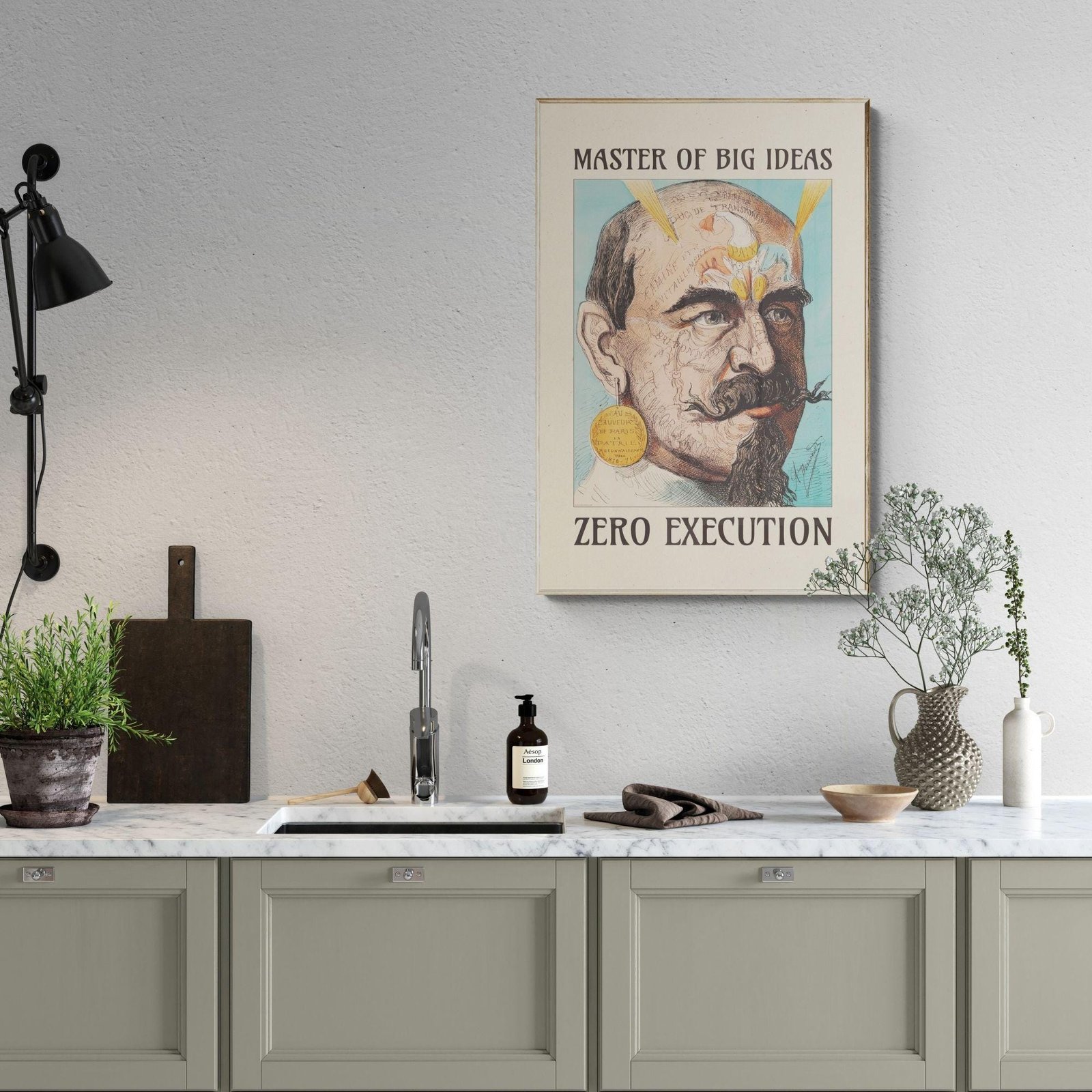 Satirical Artwork, Dark Academia Art: “Master of Big Ideas – Zero Execution” – Phrenology Head Print - Image 7