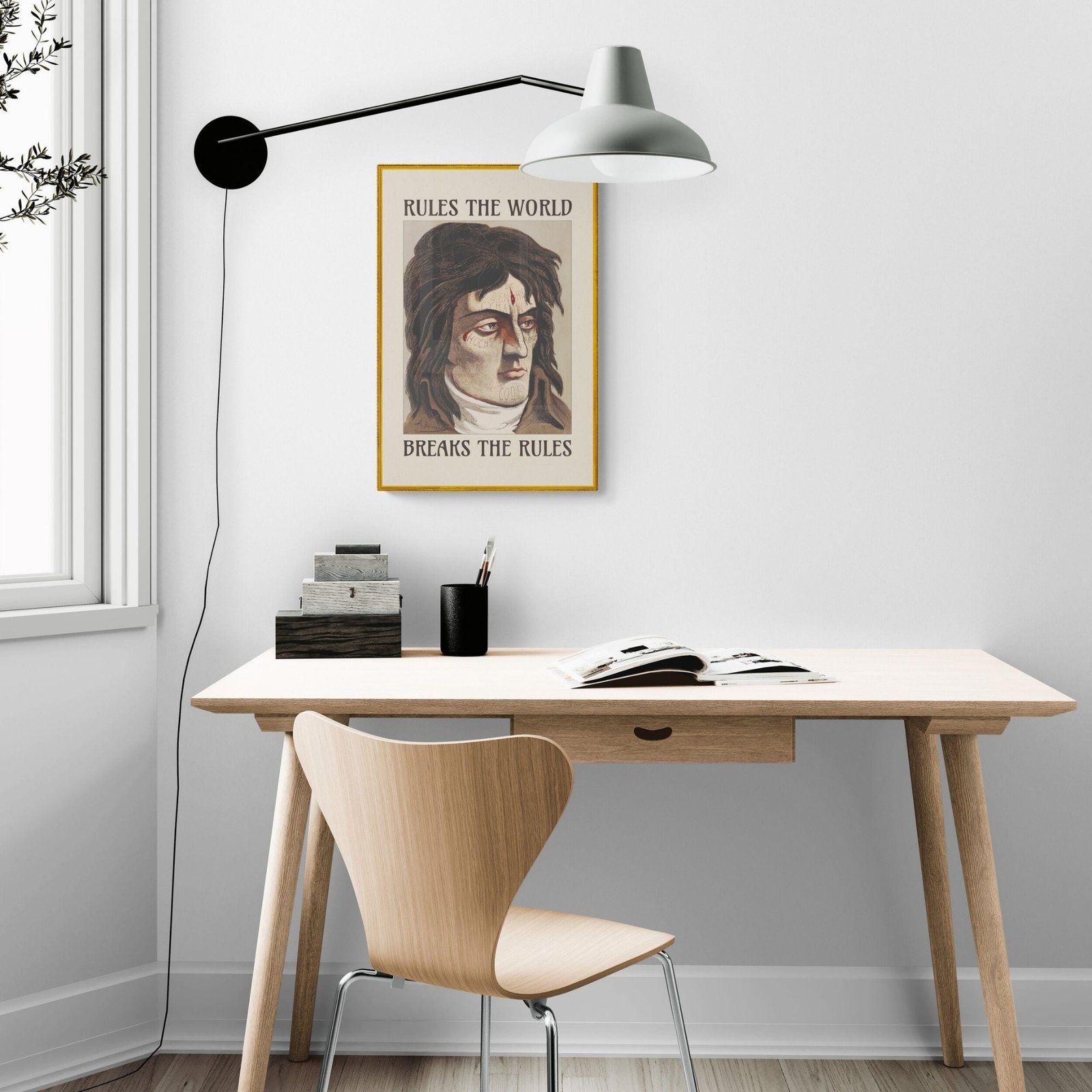 Modern workspace with motivational wall art.