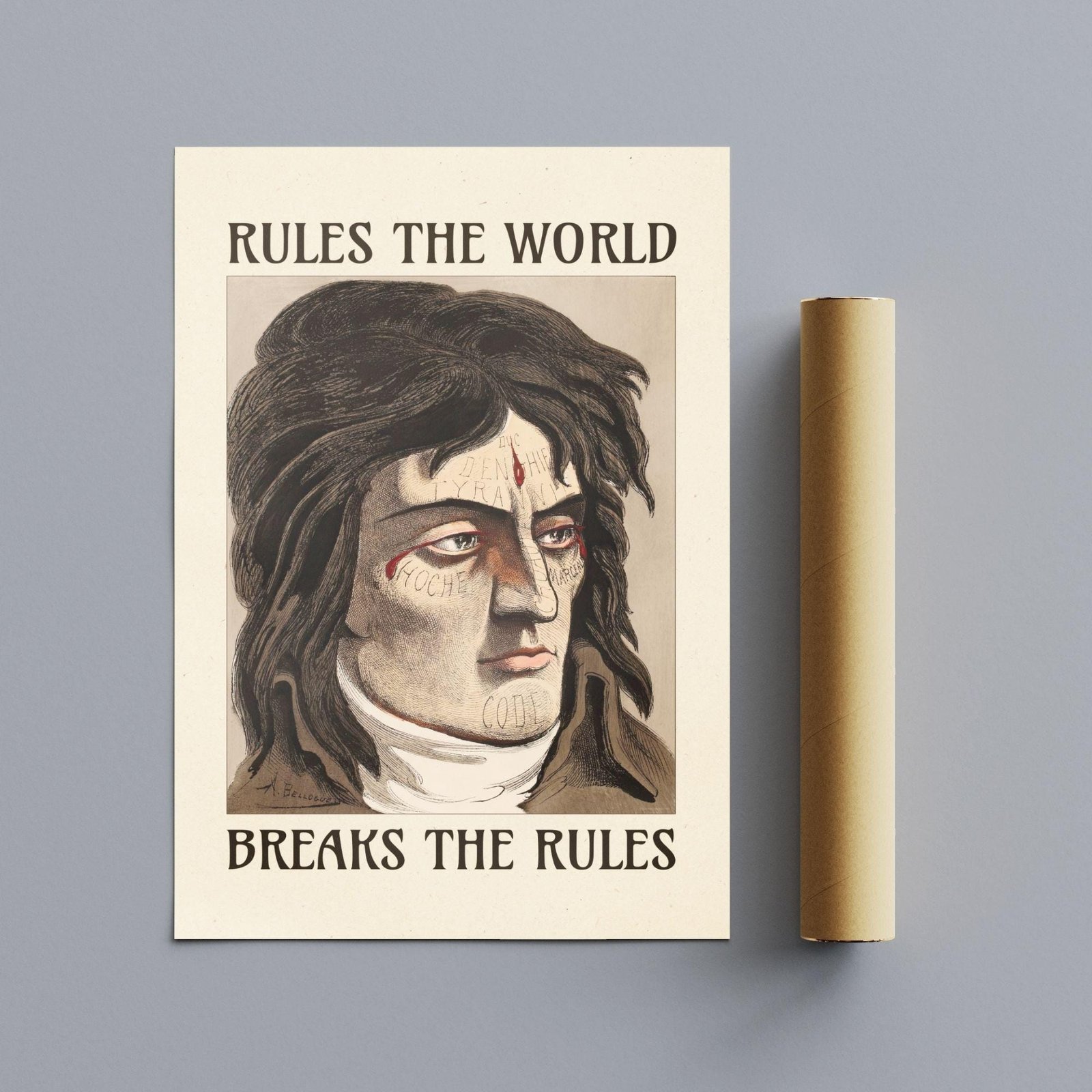 Poster with illustrated face and bold text.