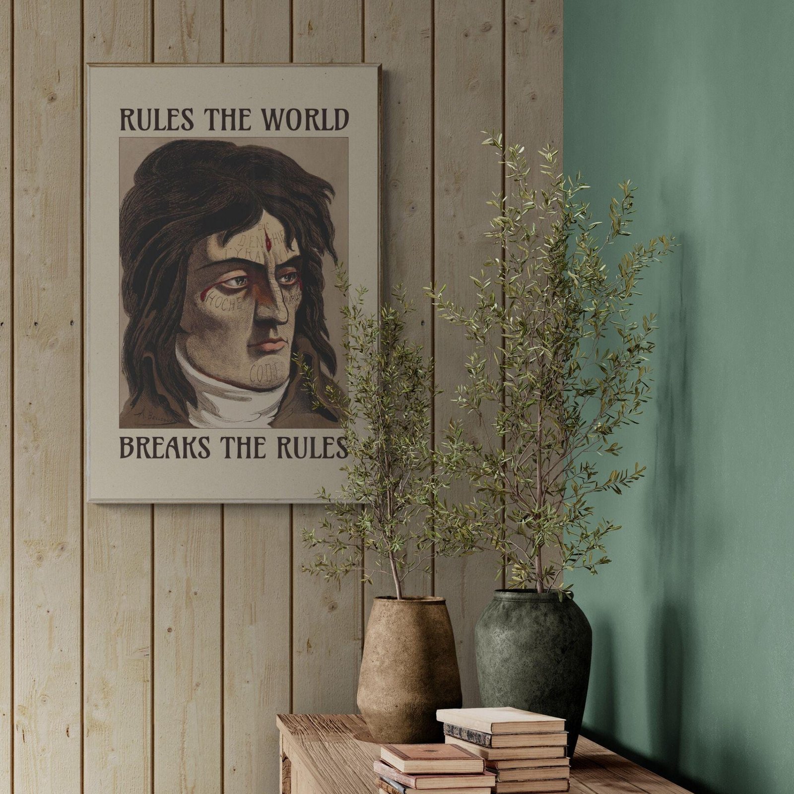 Decorative wall art with expressive portrait and text.