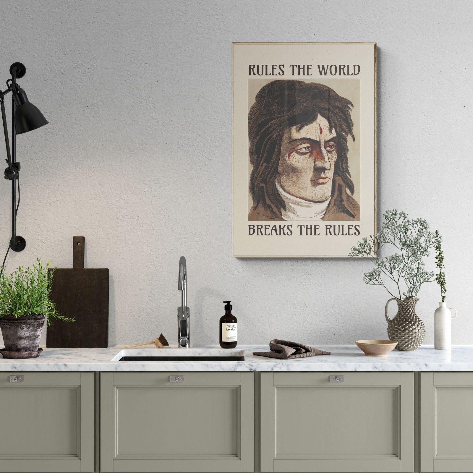 Kitchen with poster: Rules the World, Breaks Rules