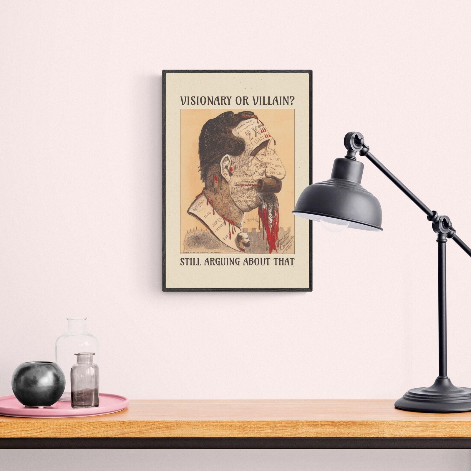 Decorative art on wall above desk lamp