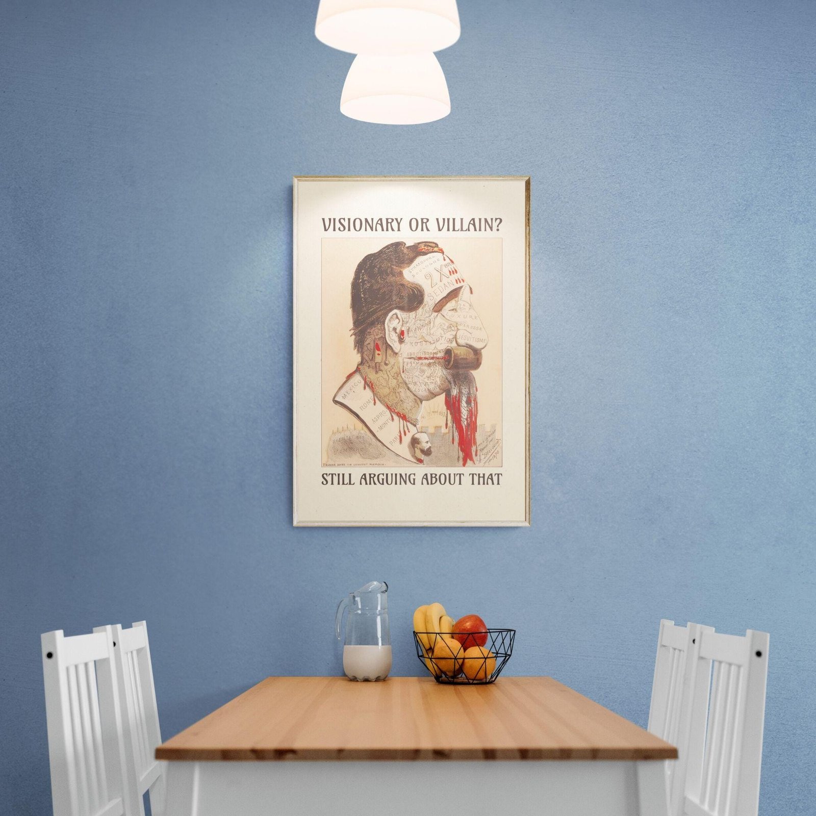 Dining room with vintage wall poster.