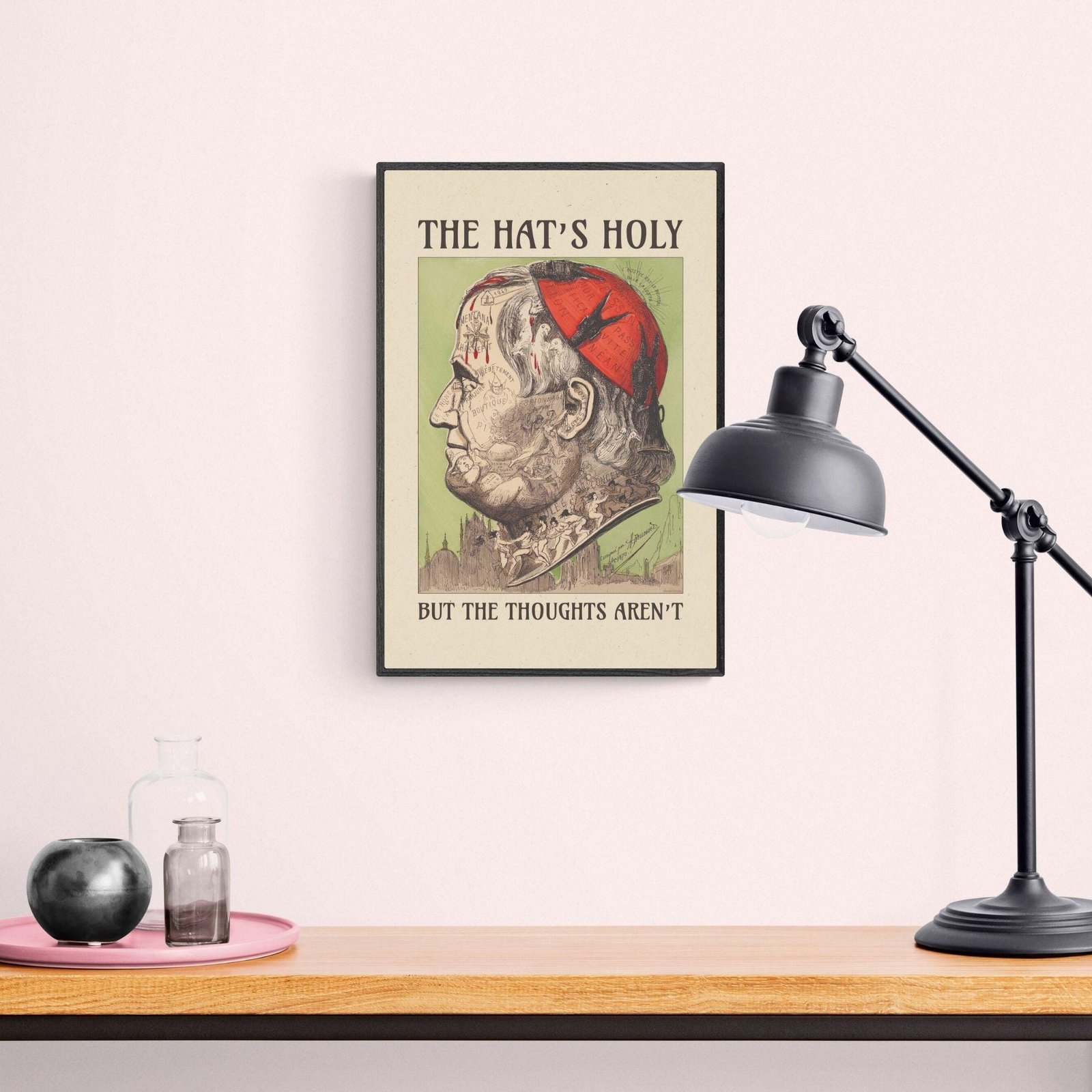 Poster of cardinal with satirical message.